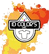Logo ID COLOR'S SHOP avec une icône de t-shirt sur un fond artistique d'éclaboussures de peinture jaune et orange.