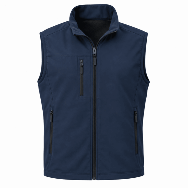 Gilet softshell sans manches bleu marine avec trois poches zippées et col montant sur fond blanc.