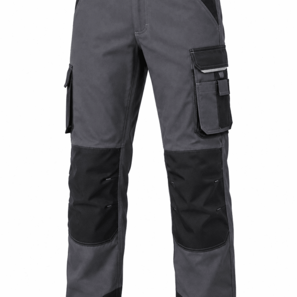 Pantalon de travail gris et noir multi-poches avec renforts aux genoux.