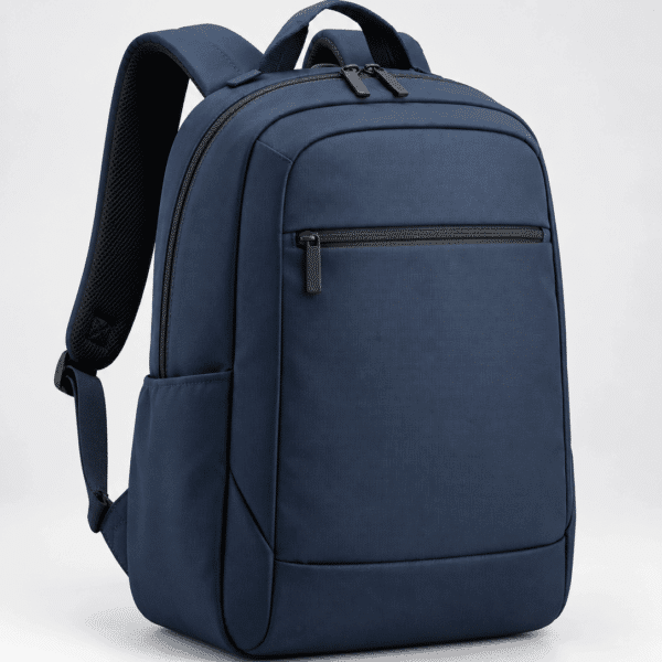 Sac à dos bleu marine minimaliste pour ordinateur avec poches zippées et bretelles rembourrées.