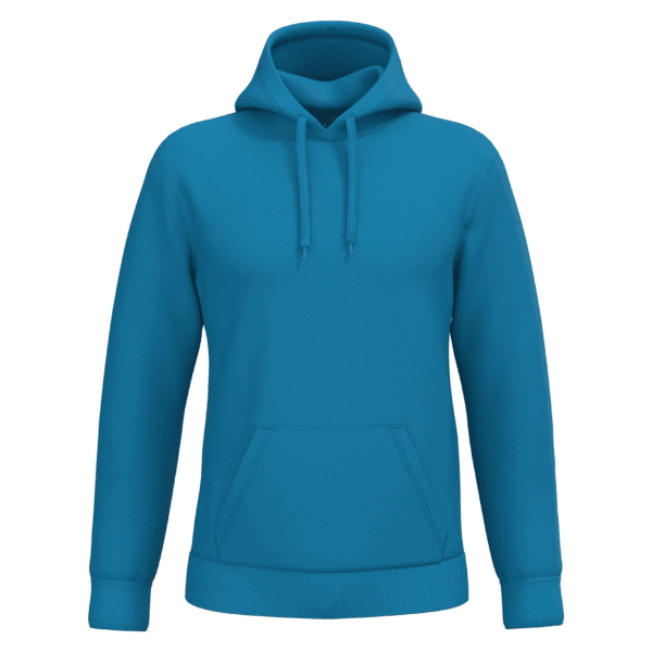 Sweat à capuche bleu canard uni avec poche kangourou et cordons, vêtement décontracté confortable.