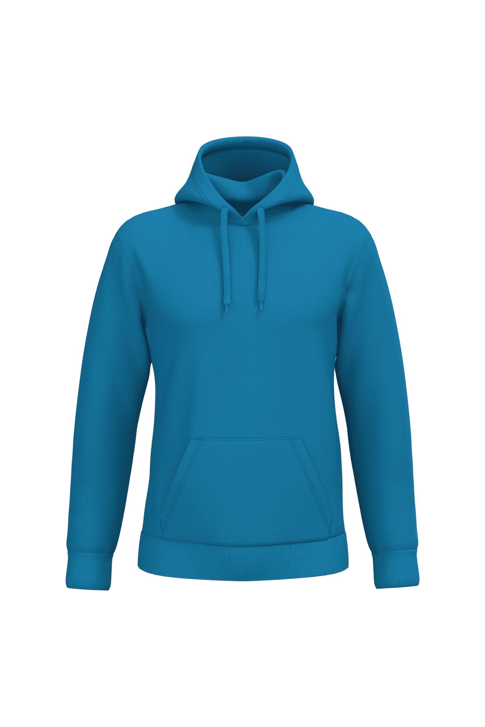 Sweat à capuche bleu canard uni avec poche kangourou et cordons, vêtement décontracté confortable.