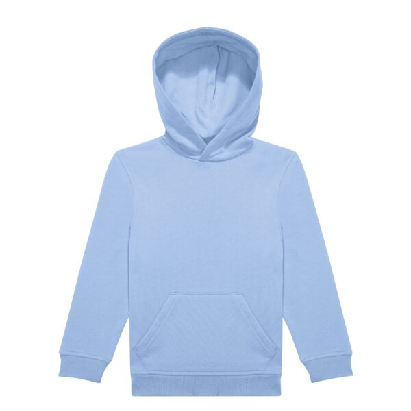 Sweat à capuche bleu clair uni avec poche kangourou et poignets côtelés sur fond blanc.