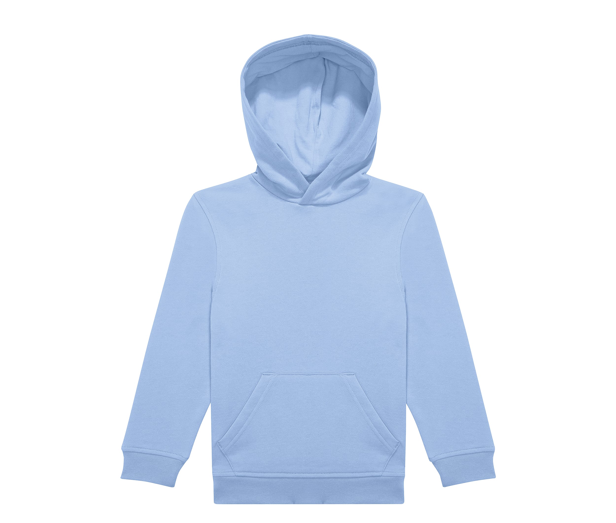 Sweat à capuche bleu clair uni avec poche kangourou et poignets côtelés sur fond blanc.