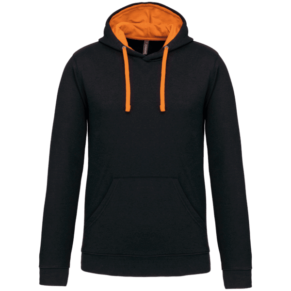 Sweat à capuche bicolore noir avec intérieur et cordons orange contrastés, poche kangourou style Kariban.