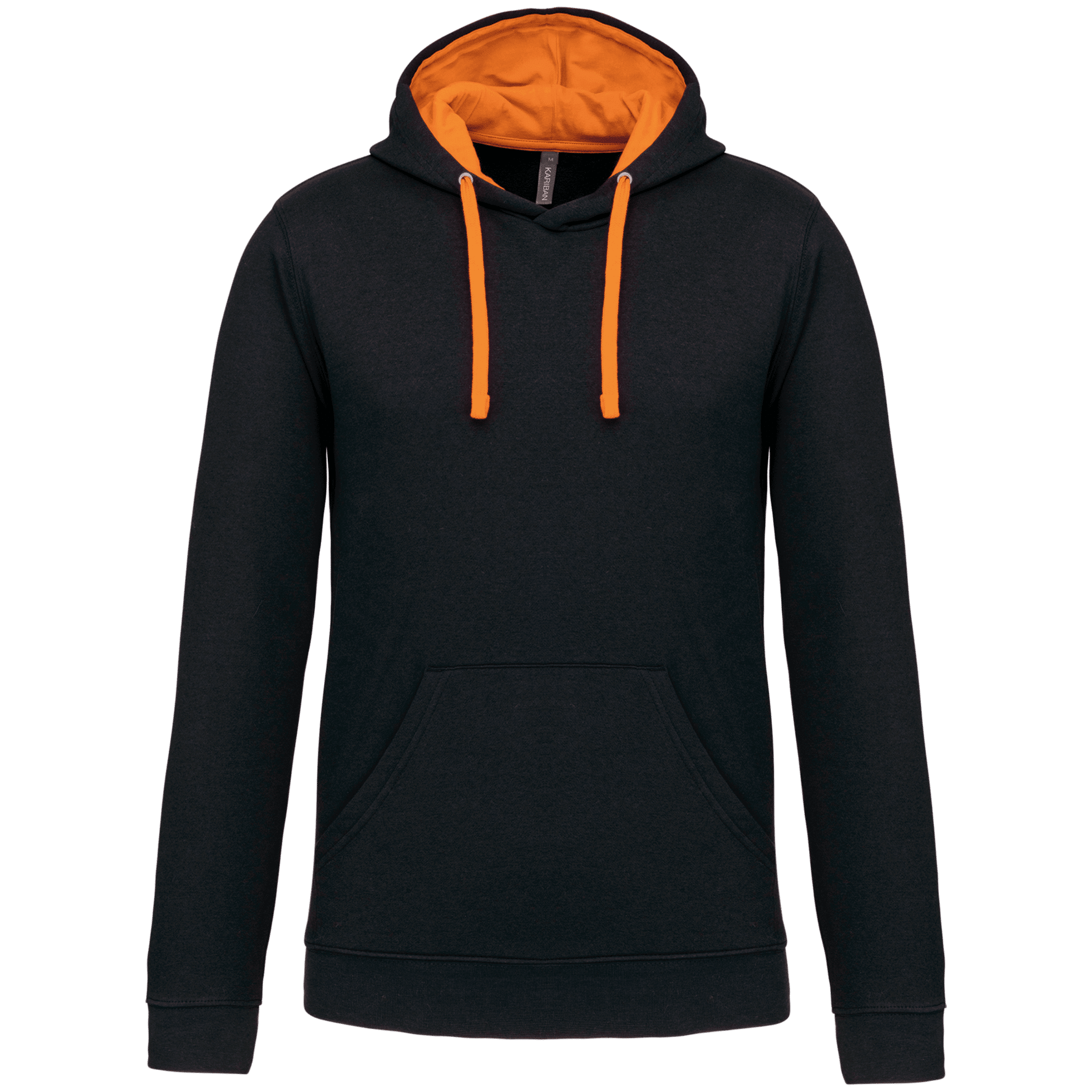 Sweat à capuche bicolore noir avec intérieur et cordons orange contrastés, poche kangourou style Kariban.