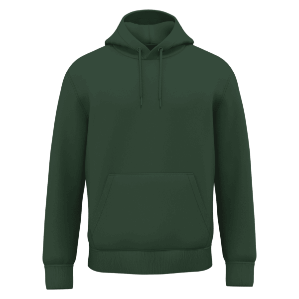 Sweat à capuche vert foncé uni avec poche kangourou et cordons de serrage, vêtement sportswear sur fond blanc.