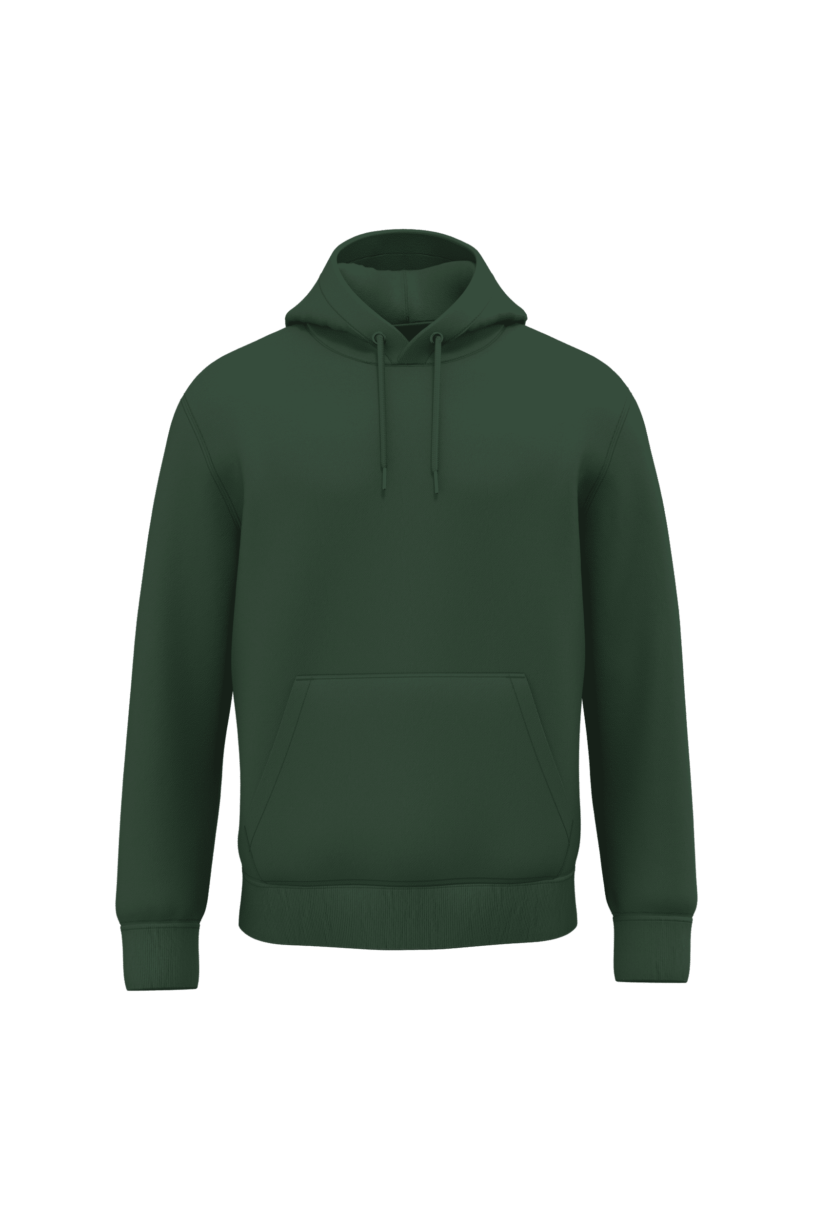 Sweat à capuche vert foncé uni avec poche kangourou et cordons de serrage, vêtement sportswear sur fond blanc.