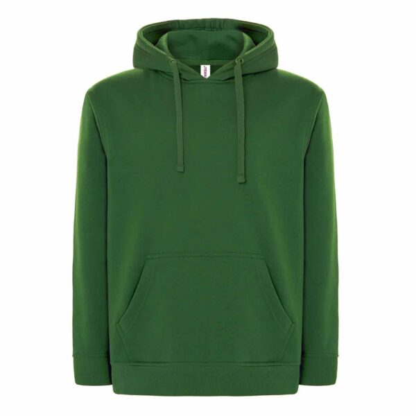 Sweat à capuche vert foncé unisexe avec poche kangourou et cordons, étiquette JTSWK visible.