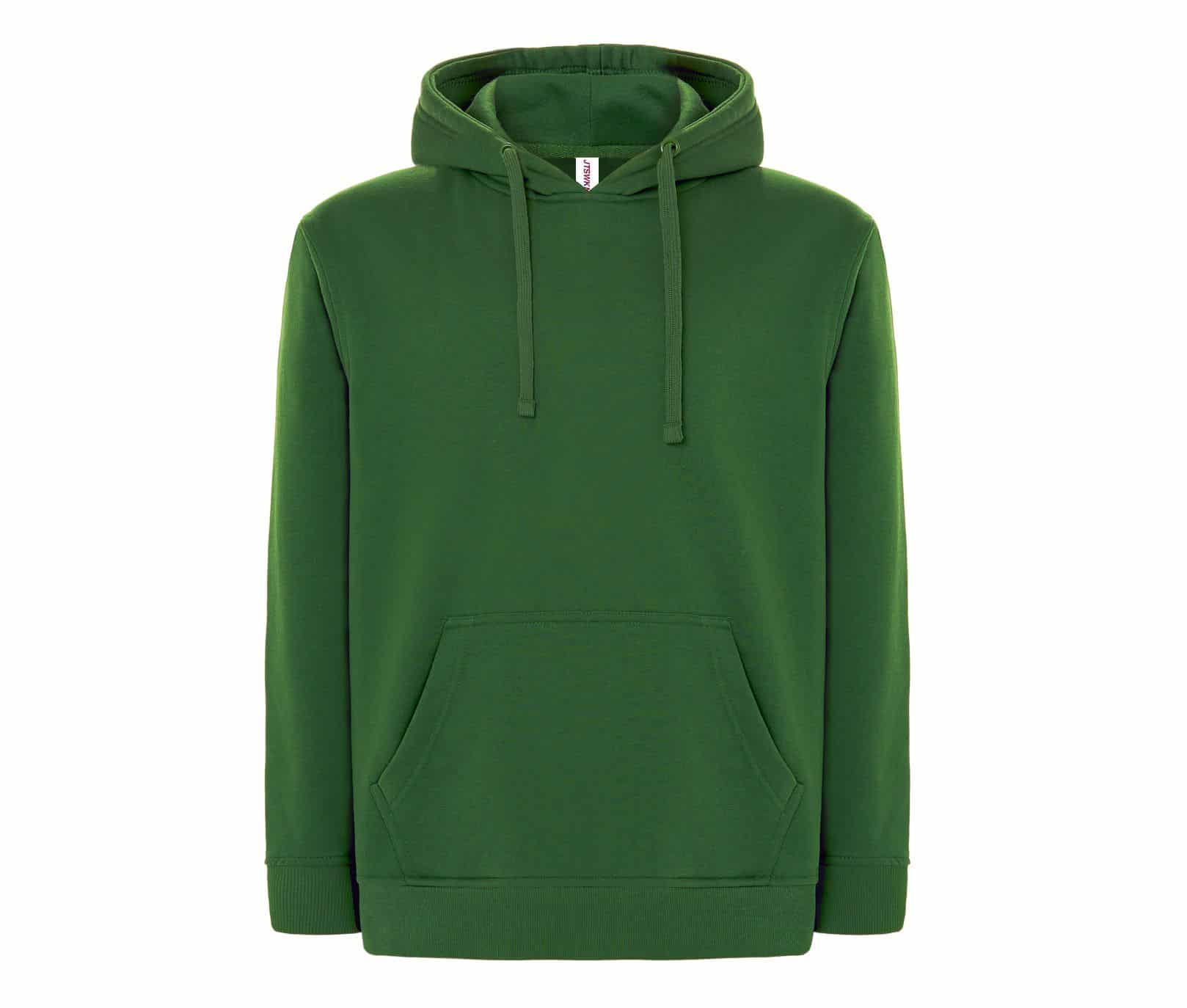 Sweat à capuche vert foncé unisexe avec poche kangourou et cordons, étiquette JTSWK visible.