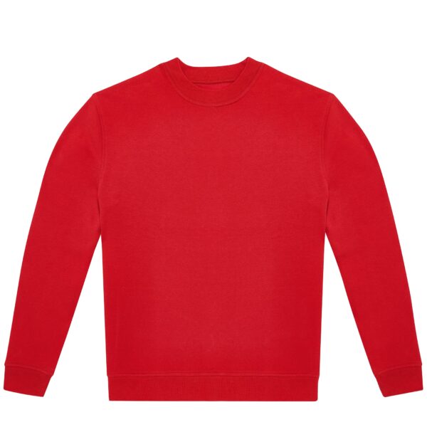 Sweat-shirt rouge uni à col rond avec poignets et ourlet côtelés sur fond blanc.