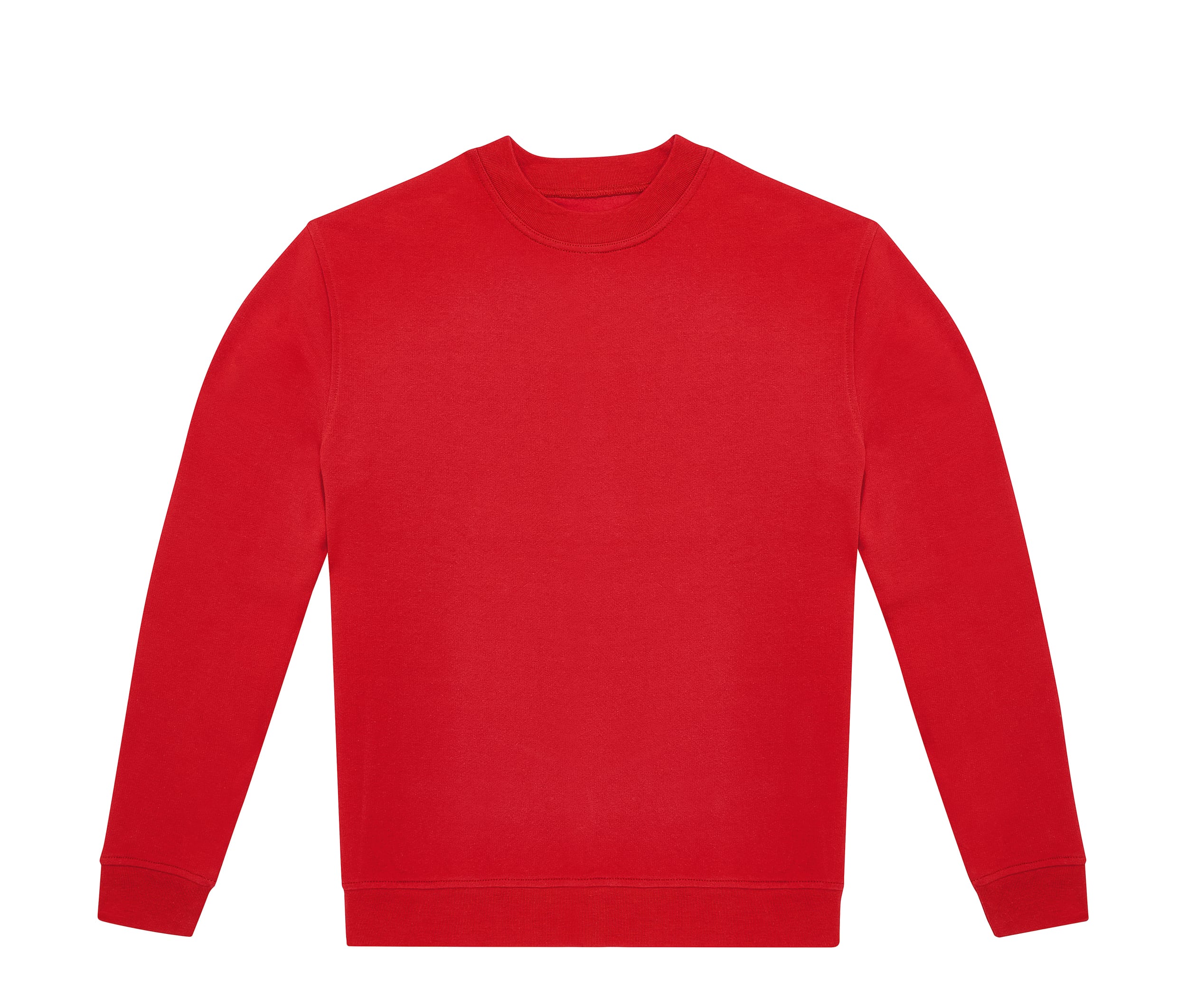 Sweat-shirt rouge uni à col rond avec poignets et ourlet côtelés sur fond blanc.