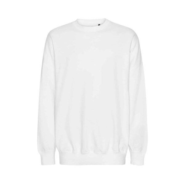 Sweatshirt blanc uni à col rond, coupe décontractée, idéal pour la personnalisation ou un look minimaliste.