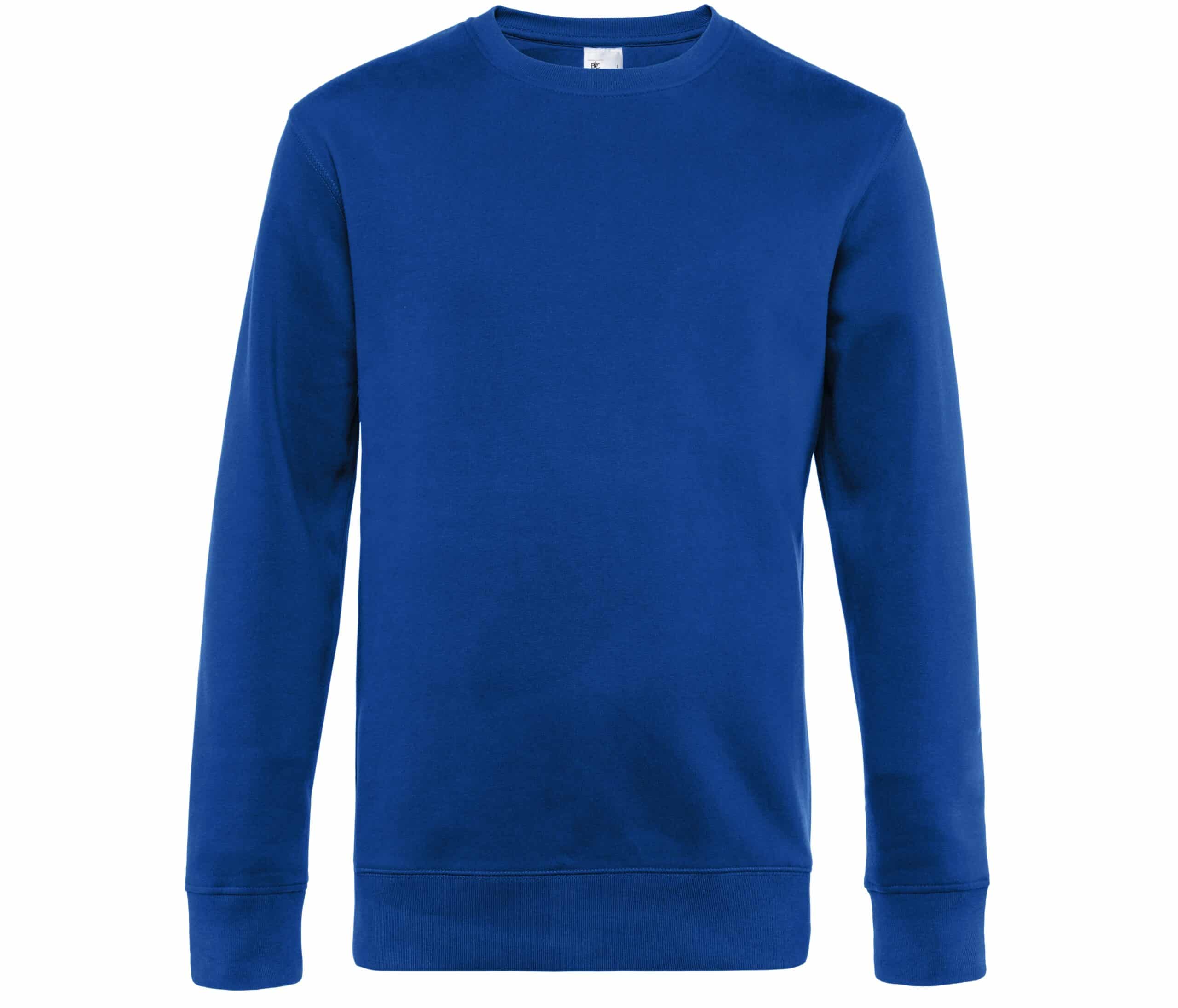 Sweatshirt bleu roi uni à col rond, manches longues et finitions bords-côtes pour un look décontracté classique.