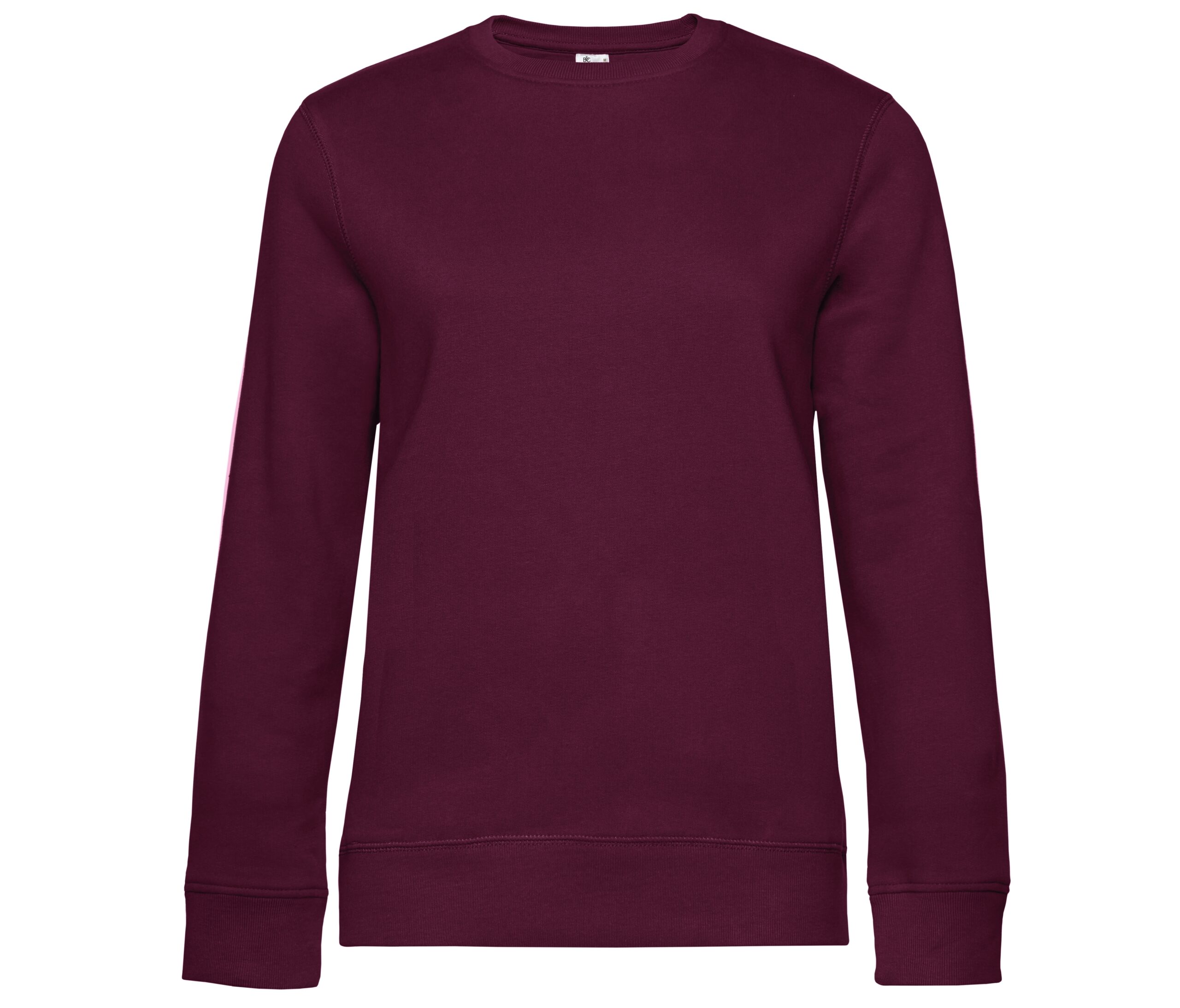 Sweatshirt bordeaux classique à col rond, manches longues et finitions côtelées confortables.