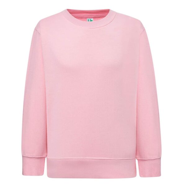 Sweatshirt rose pâle uni à col rond avec poignets et ourlet côtelés.