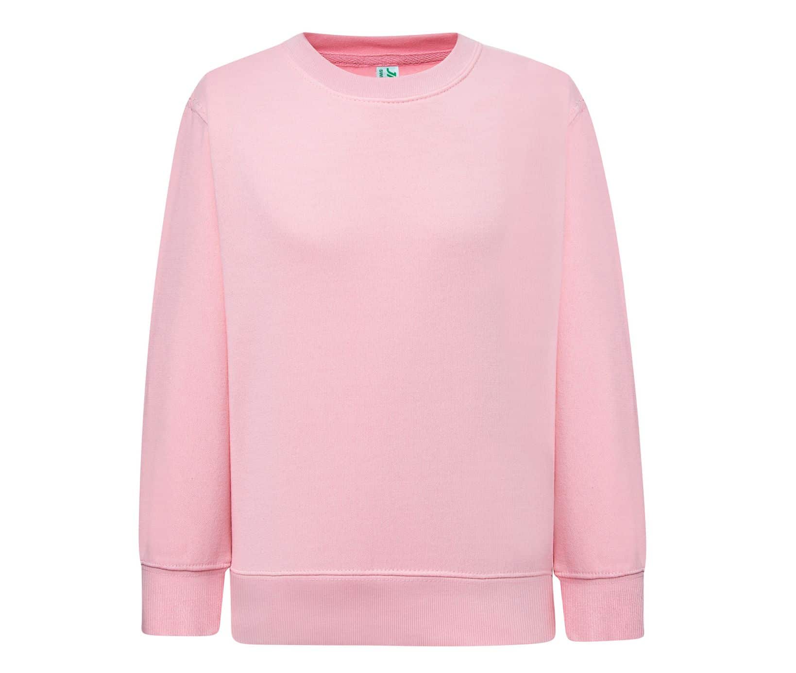 Sweatshirt rose pâle uni à col rond avec poignets et ourlet côtelés.