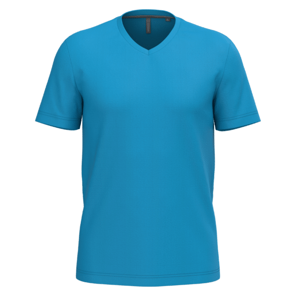 T-shirt Kariban bleu turquoise à col en V, taille L, manches courtes, textile en coton lisse sur fond blanc.