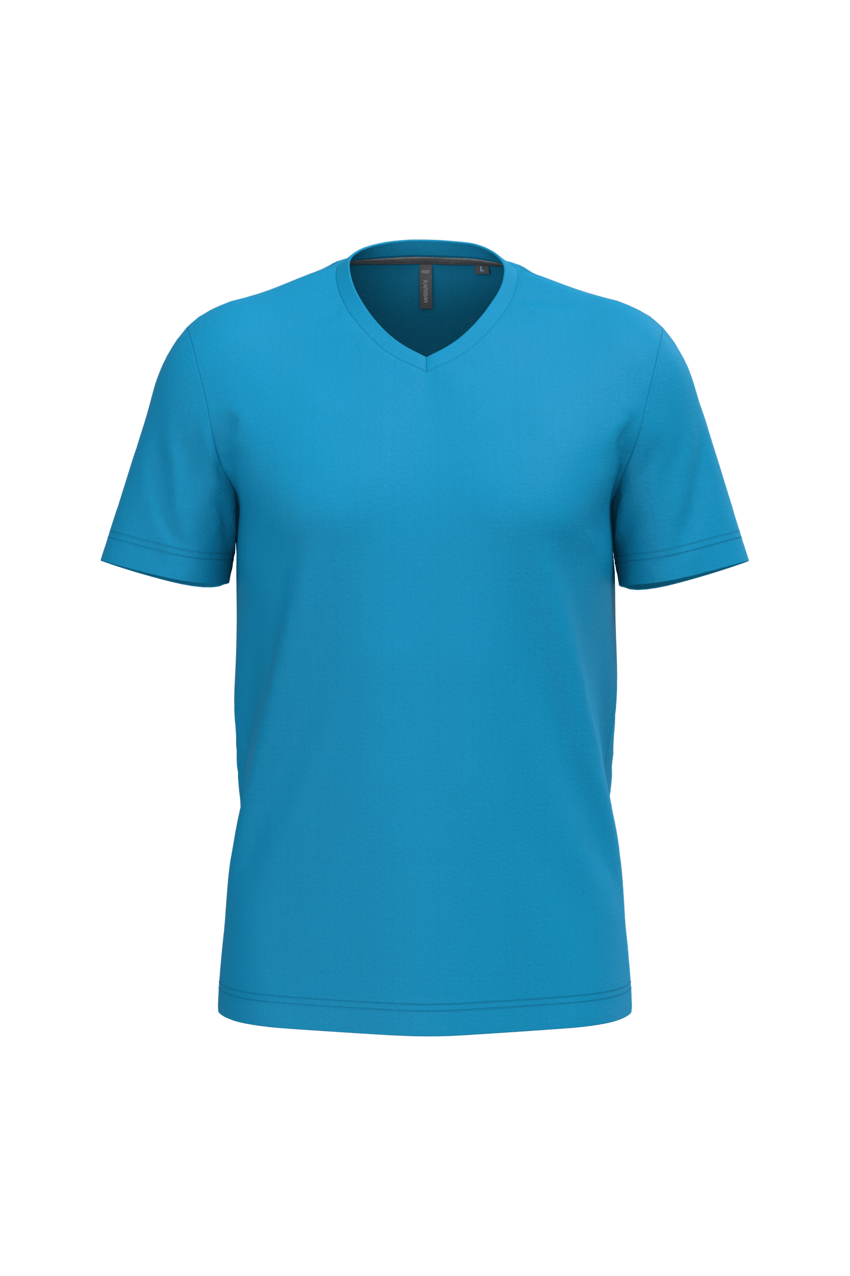 T-shirt Kariban bleu turquoise à col en V, taille L, manches courtes, textile en coton lisse sur fond blanc.