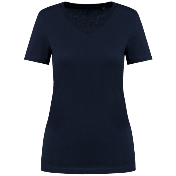 T-shirt col V bleu marine pour femme, manches courtes, coupe cintrée moderne et élégante.