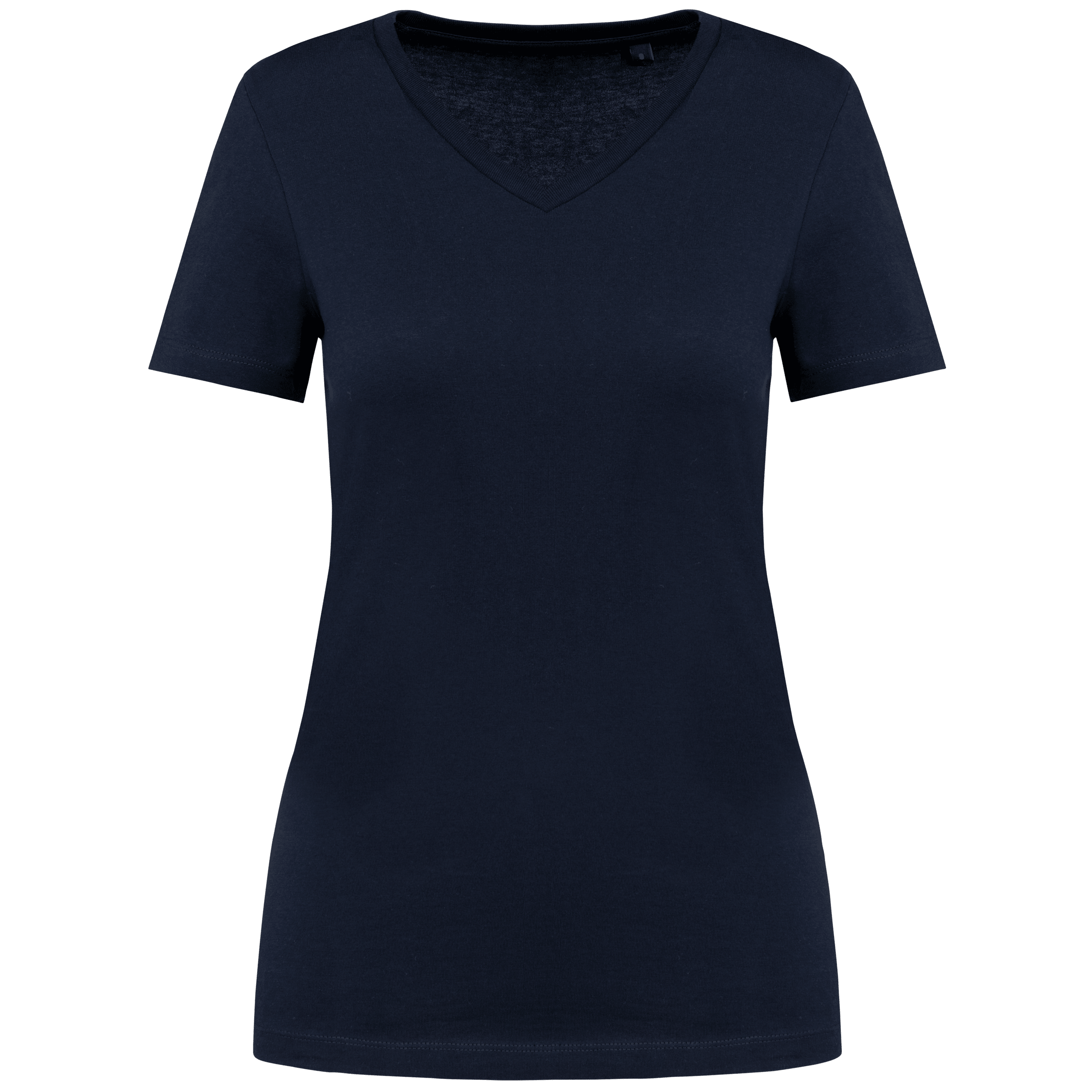 T-shirt col V bleu marine pour femme, manches courtes, coupe cintrée moderne et élégante.