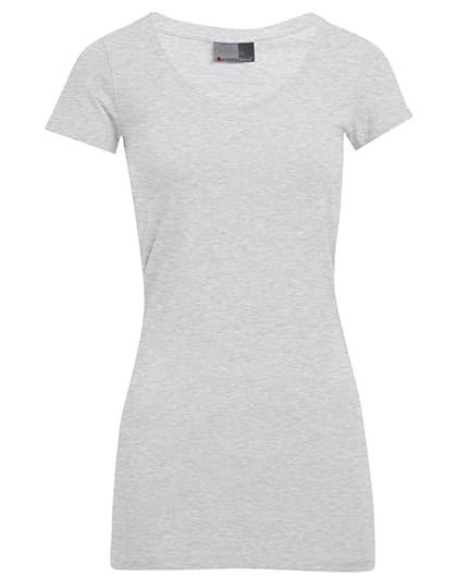 T-shirt gris chiné à manches courtes pour femme, avec un col rond évasé et une coupe ajustée.