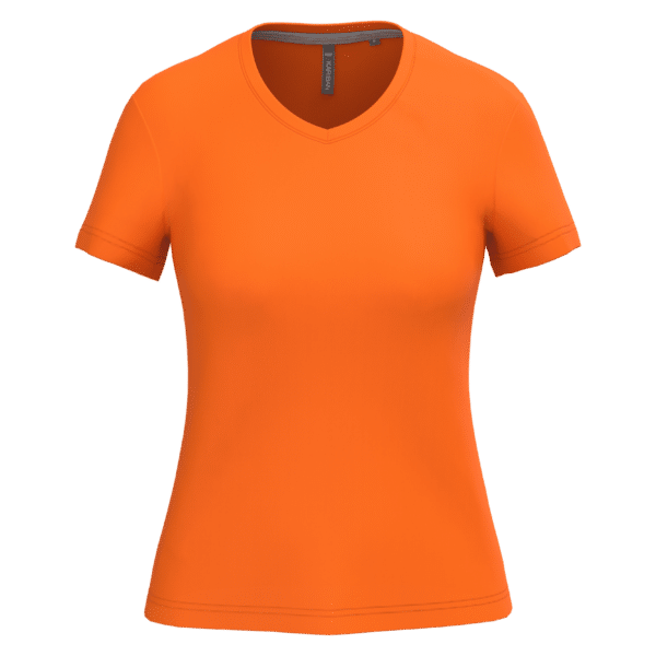 T-shirt femme Kariban orange vif à col en V et manches courtes, coupe ajustée.