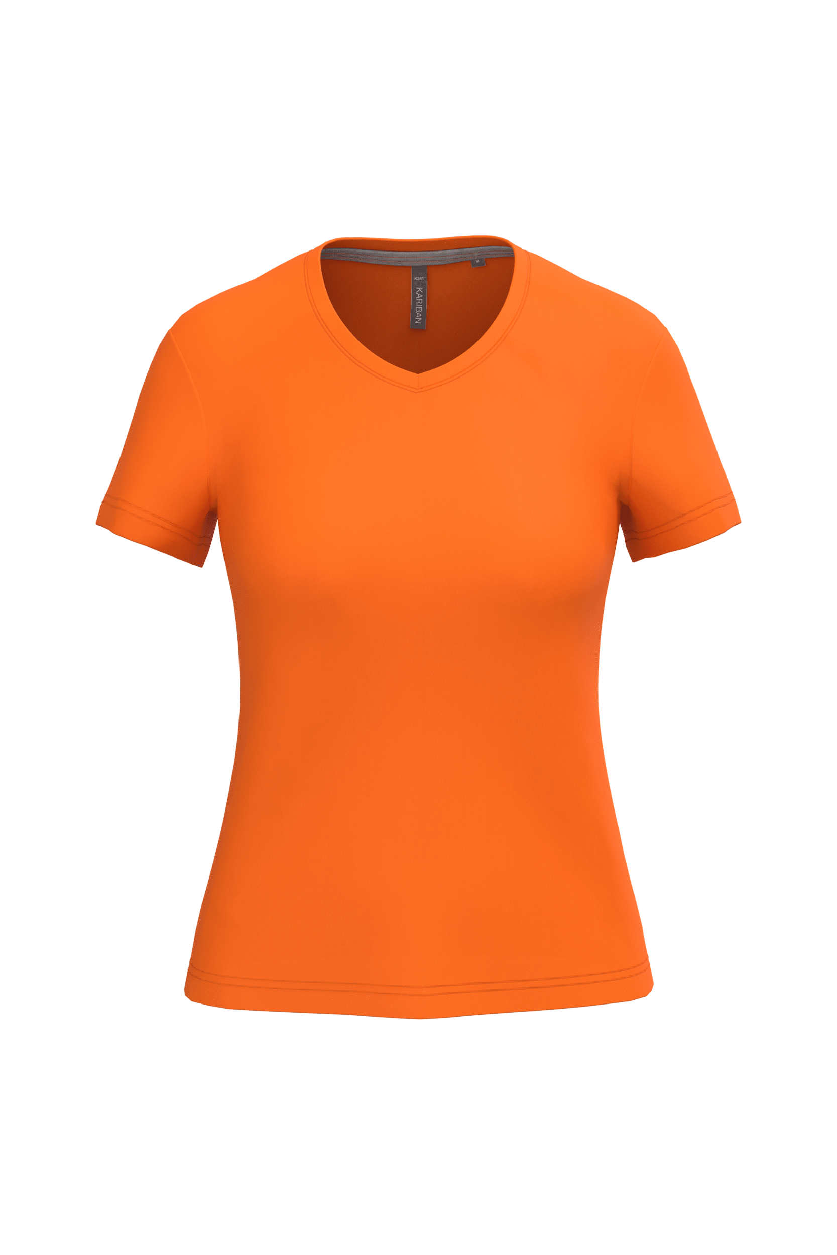 T-shirt femme Kariban orange vif à col en V et manches courtes, coupe ajustée.