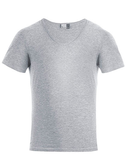 T-shirt gris chiné à col en V pour homme, manches courtes et coupe ajustée sur fond blanc.