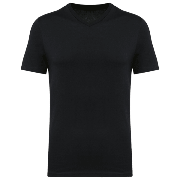 T-shirt noir à col en V pour homme, manches courtes et coupe classique sur fond blanc.
