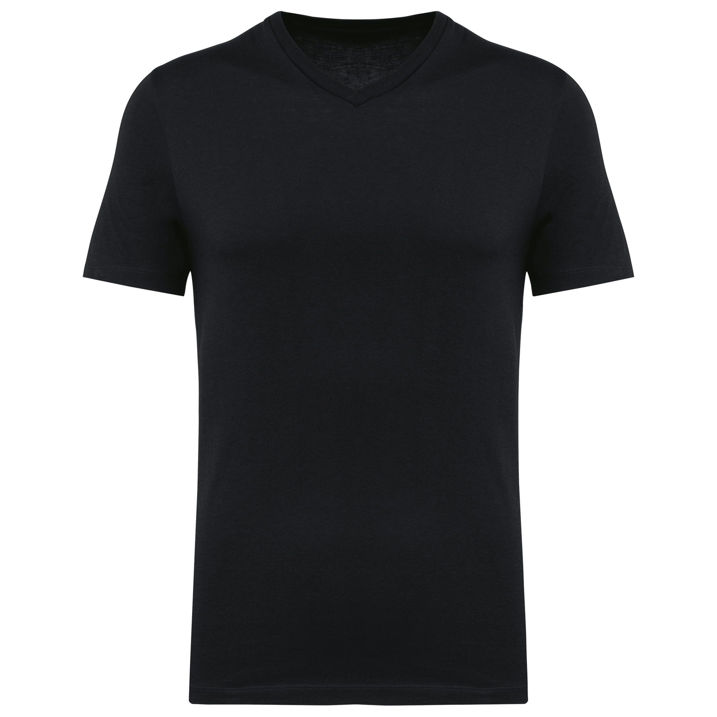 T-shirt noir à col en V pour homme, manches courtes et coupe classique sur fond blanc.