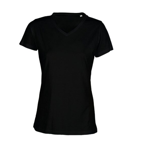 T-shirt noir femme à col en V et manches courtes, taille M, présenté de face sur fond blanc.