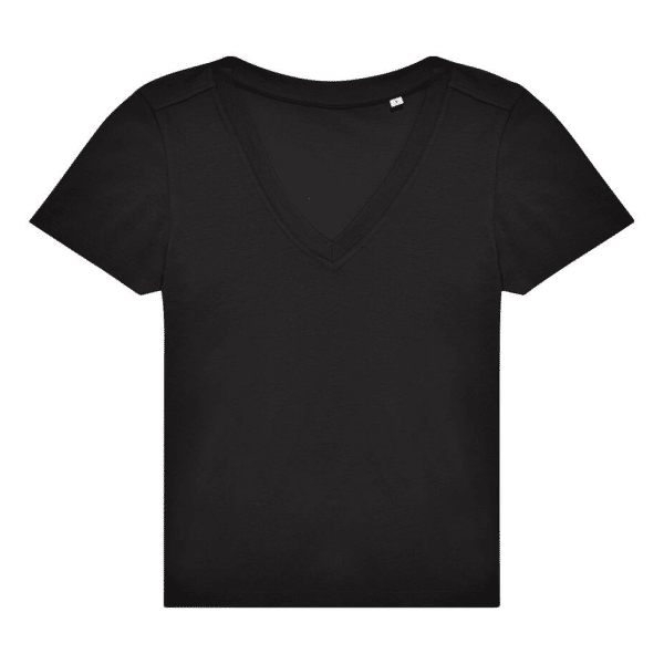 T-shirt noir à manches courtes pour femme avec col en V profond, coupe ajustée et moderne.