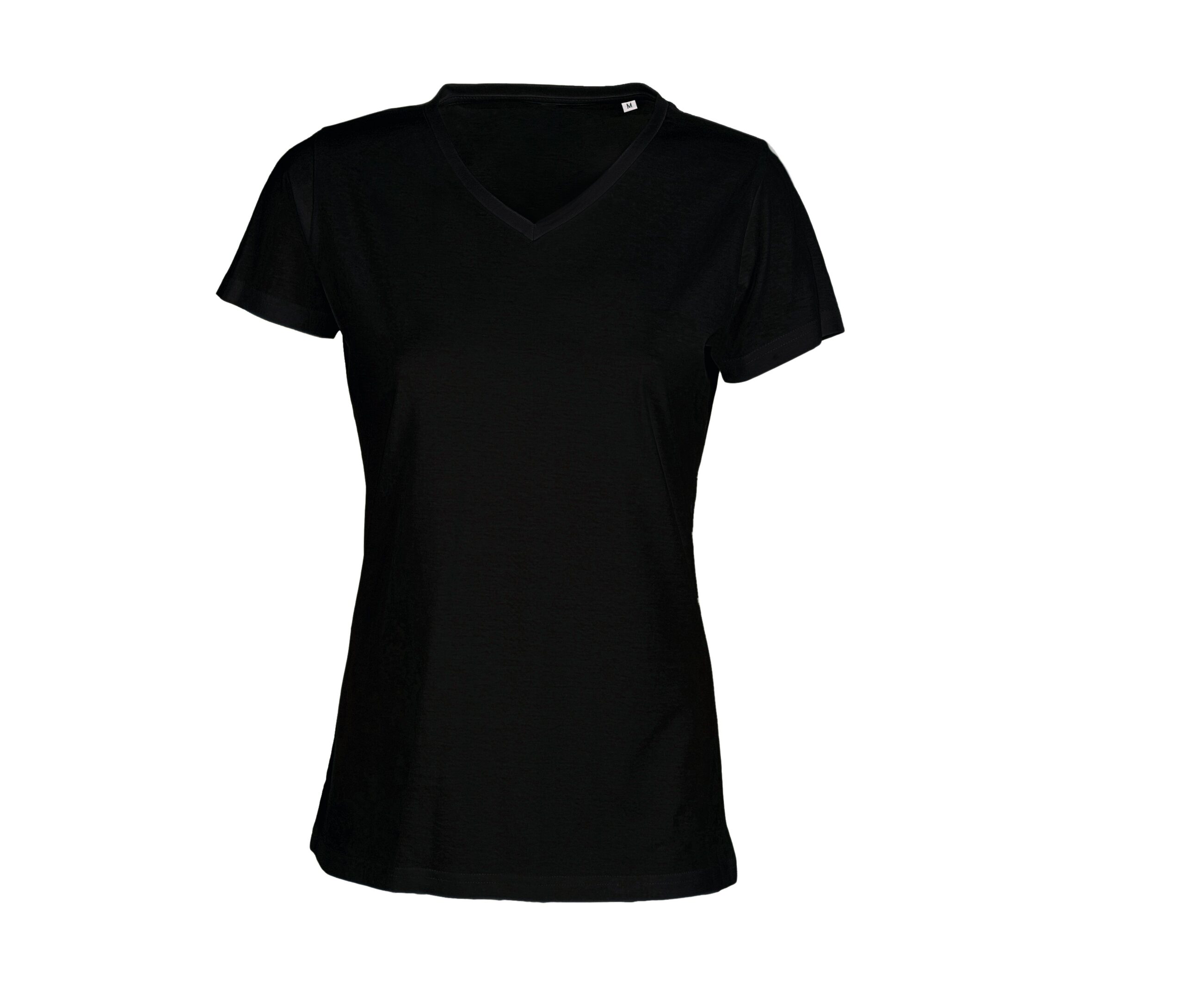 T-shirt noir femme à col en V et manches courtes, taille M, présenté de face sur fond blanc.