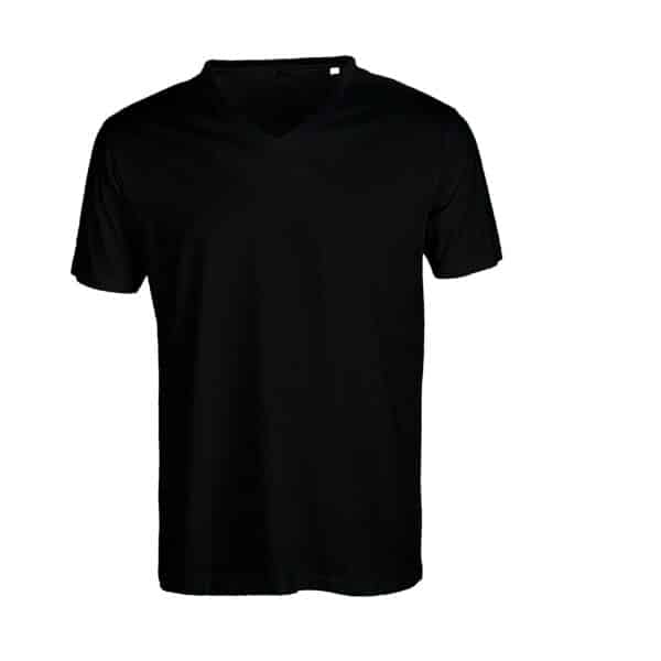 T-shirt noir à col en V pour homme, manches courtes et coupe classique sur fond blanc.