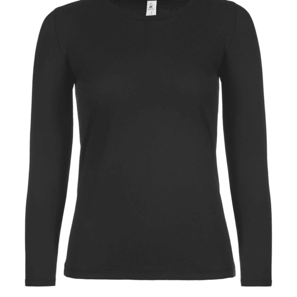 T-shirt noir à manches longues B&C pour femme, col rond et coupe ajustée.