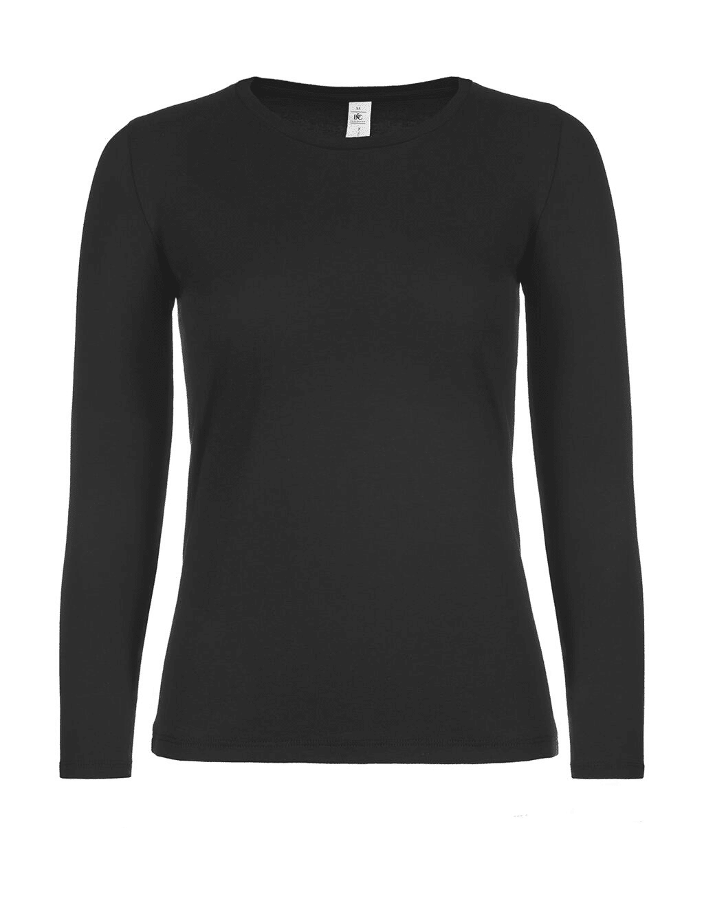 T-shirt noir à manches longues B&C pour femme, col rond et coupe ajustée.