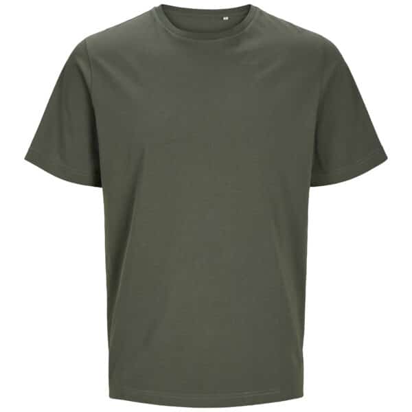 T-shirt vert olive uni à manches courtes et col rond pour homme, style classique et minimaliste.