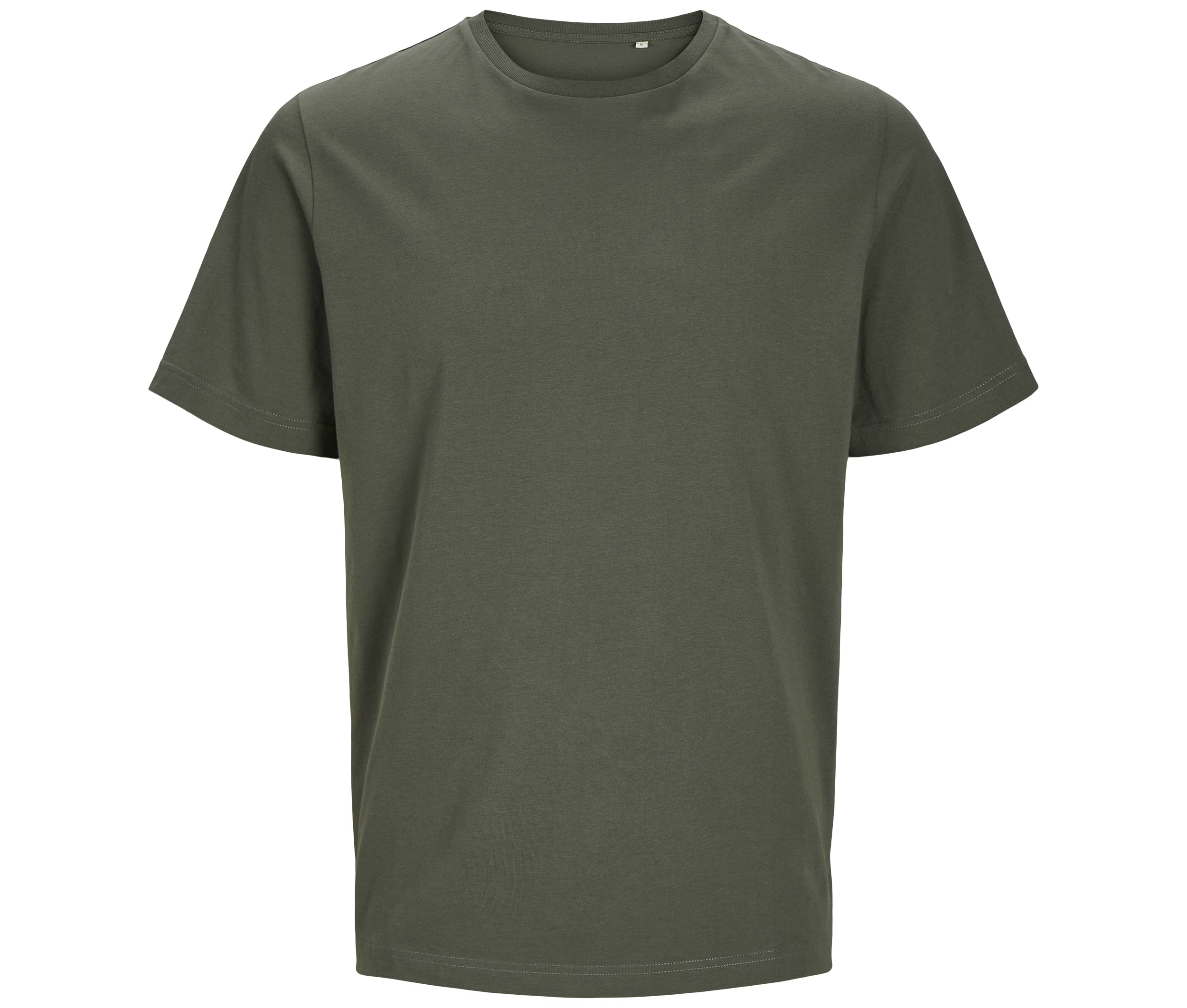 T-shirt vert olive uni à manches courtes et col rond pour homme, style classique et minimaliste.
