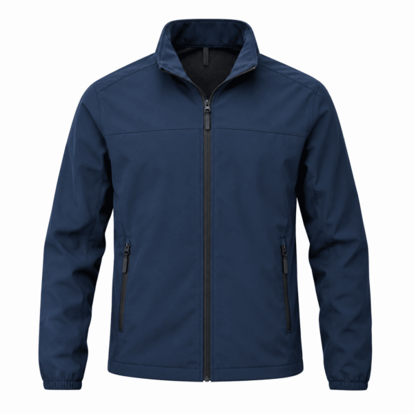 Veste softshell bleu marine, fermeture éclair intégrale, poches zippées et col montant.
