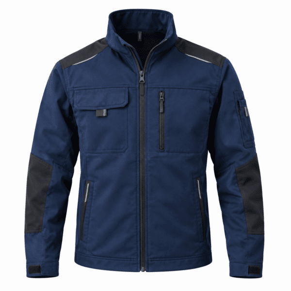 Veste de travail bleue marine multipoche, renforts noirs épaules et coudes, fermeture zippée intégrale.